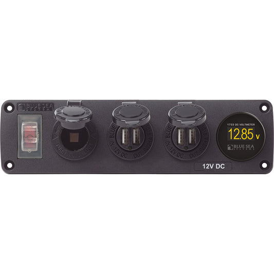 Blue Sea 4368 Water Resistant USB Accessory Panel - 12V Socket, 2x 2.1A Dual USB Chargers, Mini Voltmeter [4368]