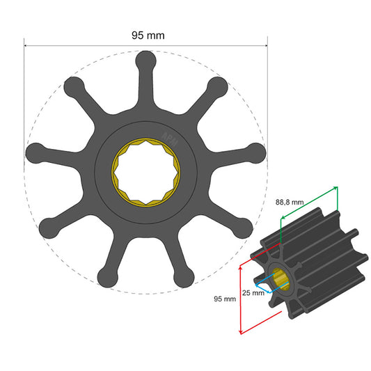 Albin Group Premium Impeller Kit 95 x 25 x 88.8mm - 9 Blade - Spline Insert [06-02-029]