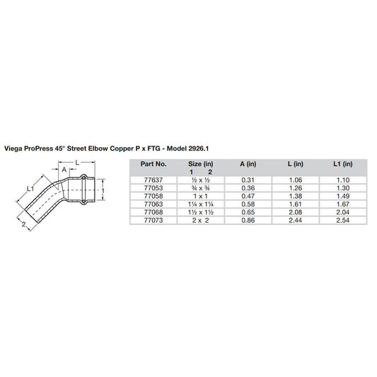 Viega ProPress 1/2" - 45 Copper Elbow - Street/Press Connection [77637]