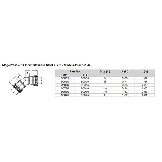 Viega MegaPress 1/2" 45 Stainless Steel 304 Elbow - Double Press Connection - Smart Connect Technology [95055]