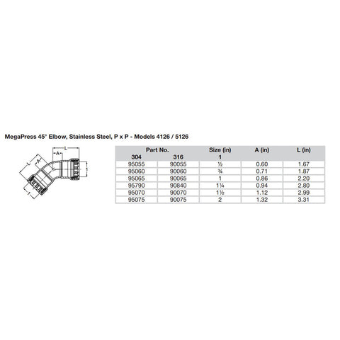 Viega MegaPress 2" 45 Stainless Steel 304 Elbow - Double Press Connection - Smart Connect Technology [95075]